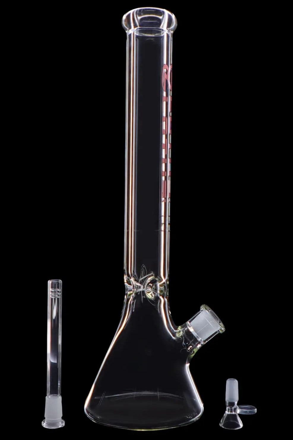 Clear glass bong with downstem and bowl, isolated on black.