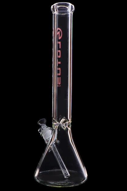 Clear glass bong with ice catch and diffuser downstem, isolated on a black background.