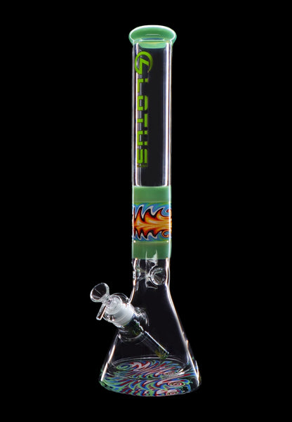 A vibrant green glass bong with colorful swirls and a glass bowl, isolated on a black background.