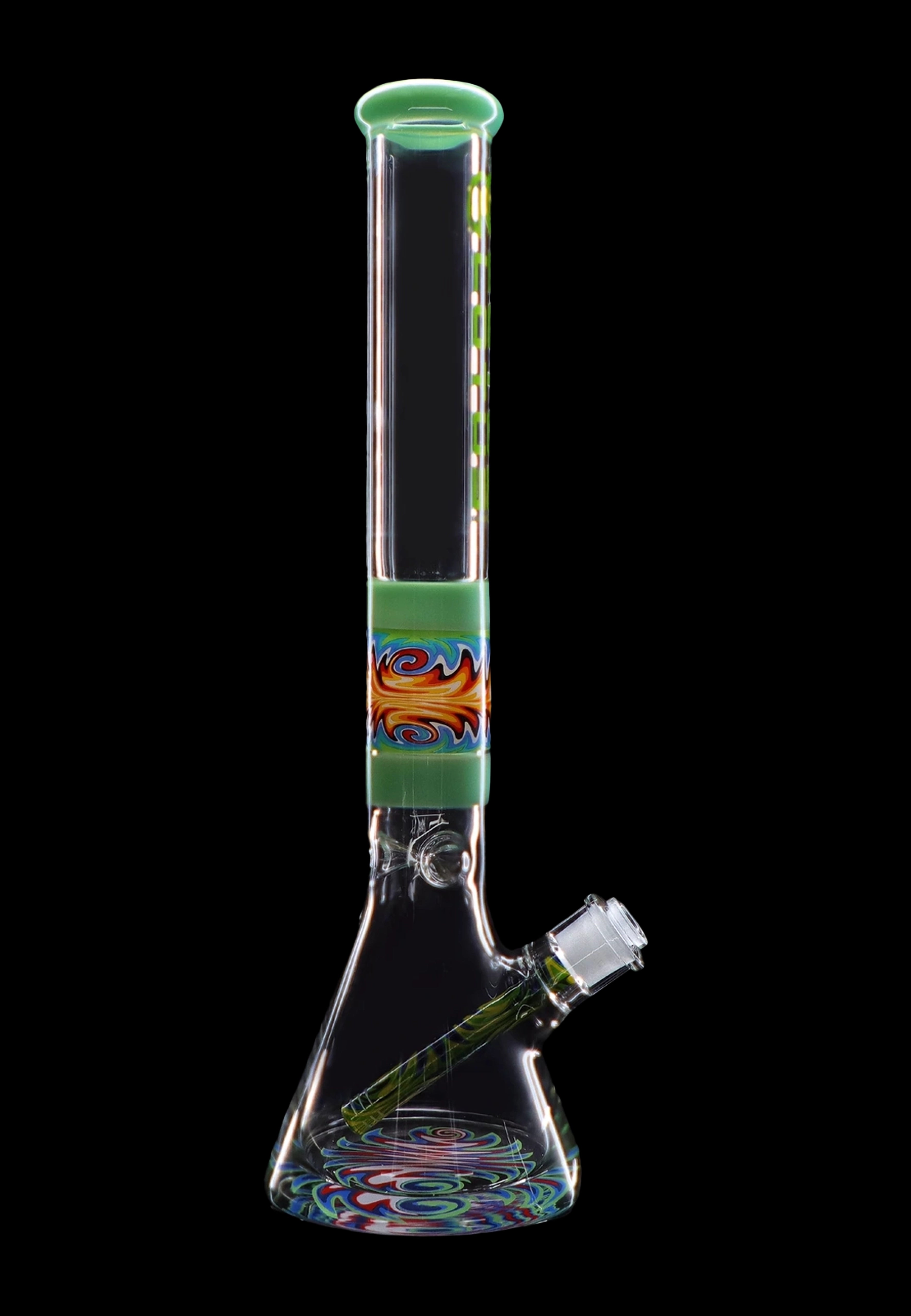 A colorful glass water pipe (bong) with vibrant swirls and patterns against a black background.