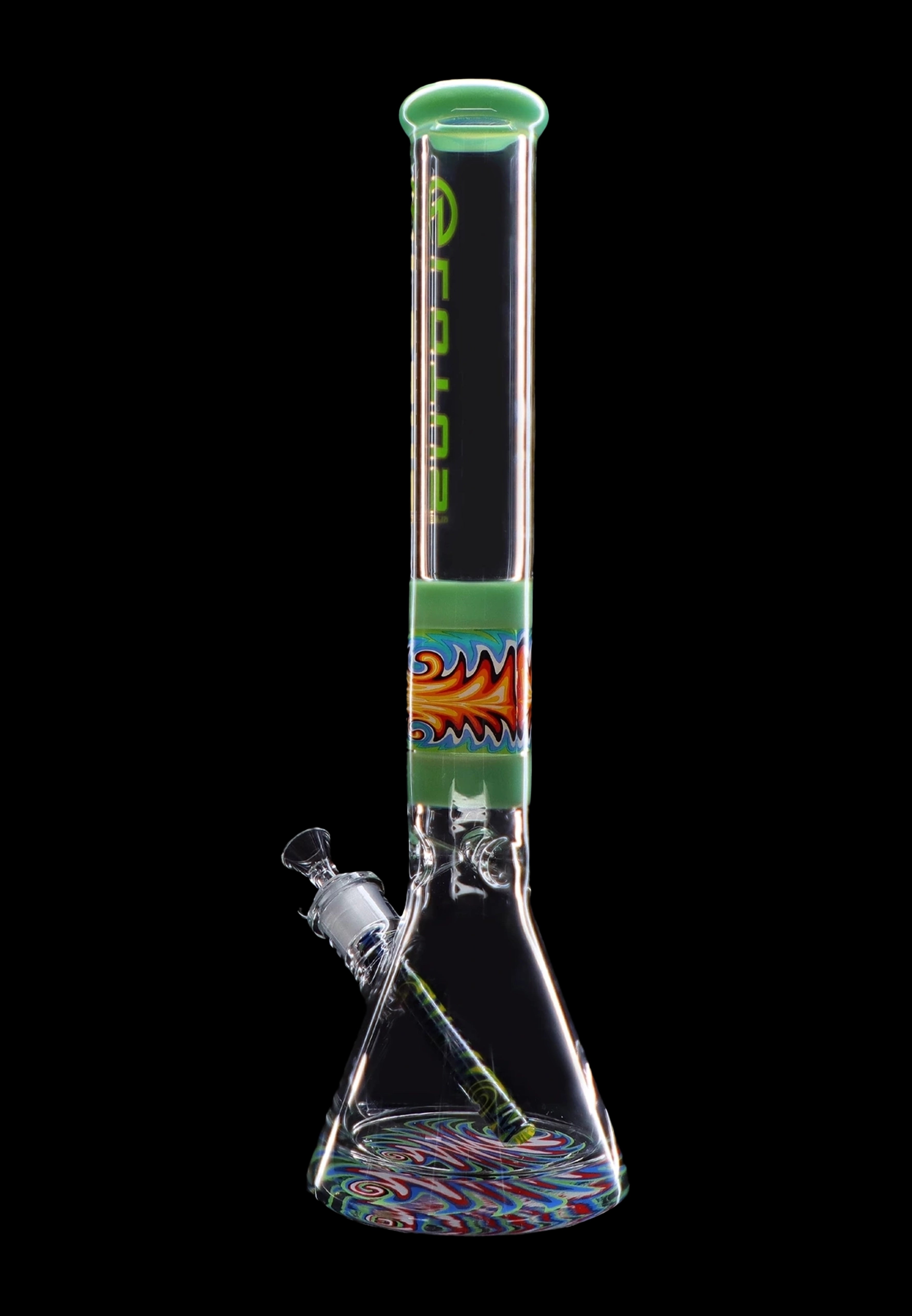 Glass bong with colorful swirling patterns and green accents, isolated on a black background.