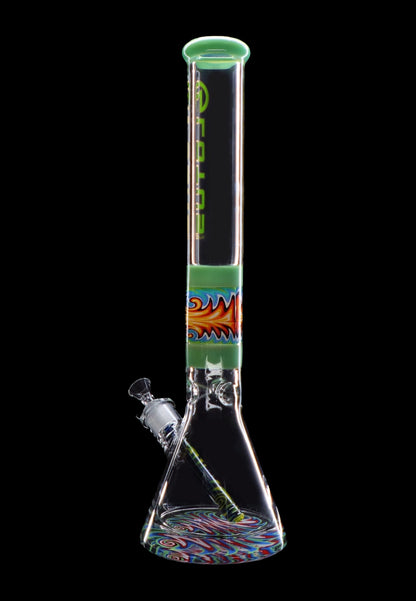 Glass bong with colorful swirling patterns and green accents, isolated on a black background.