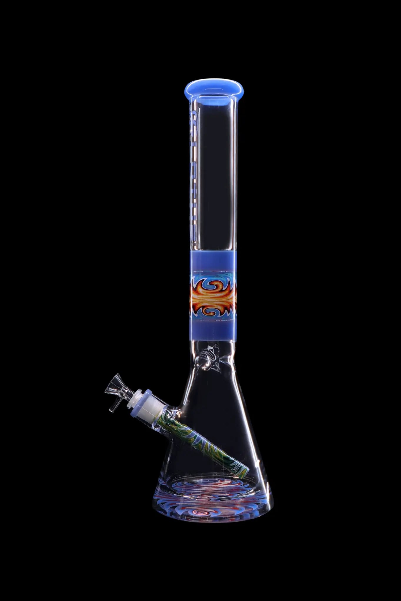 A colorful glass bong with intricate designs, isolated on a black background.