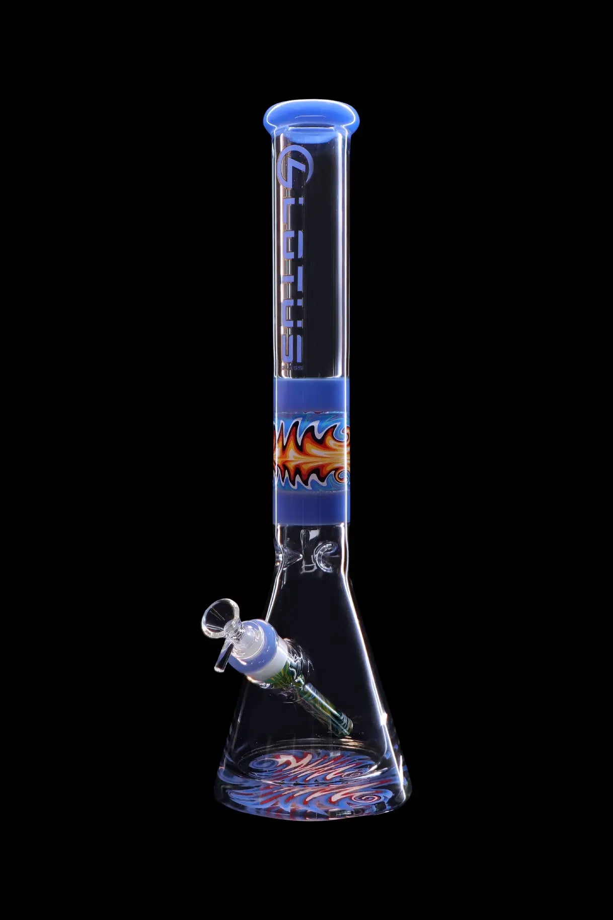 Blue glass bong with vibrant red and orange flame-like patterns, isolated on a black background.