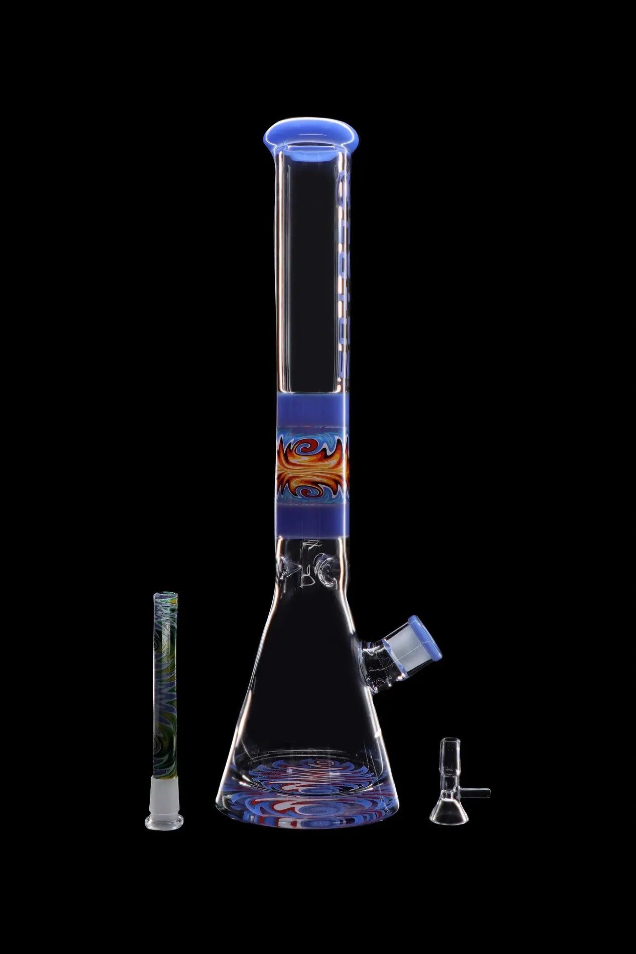 A tall, ornate glass bong with blue and colorful accents, displayed with a glass slide and downstem against a black background.