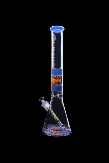 Blue glass bong with colorful swirling patterns and intricate glasswork.