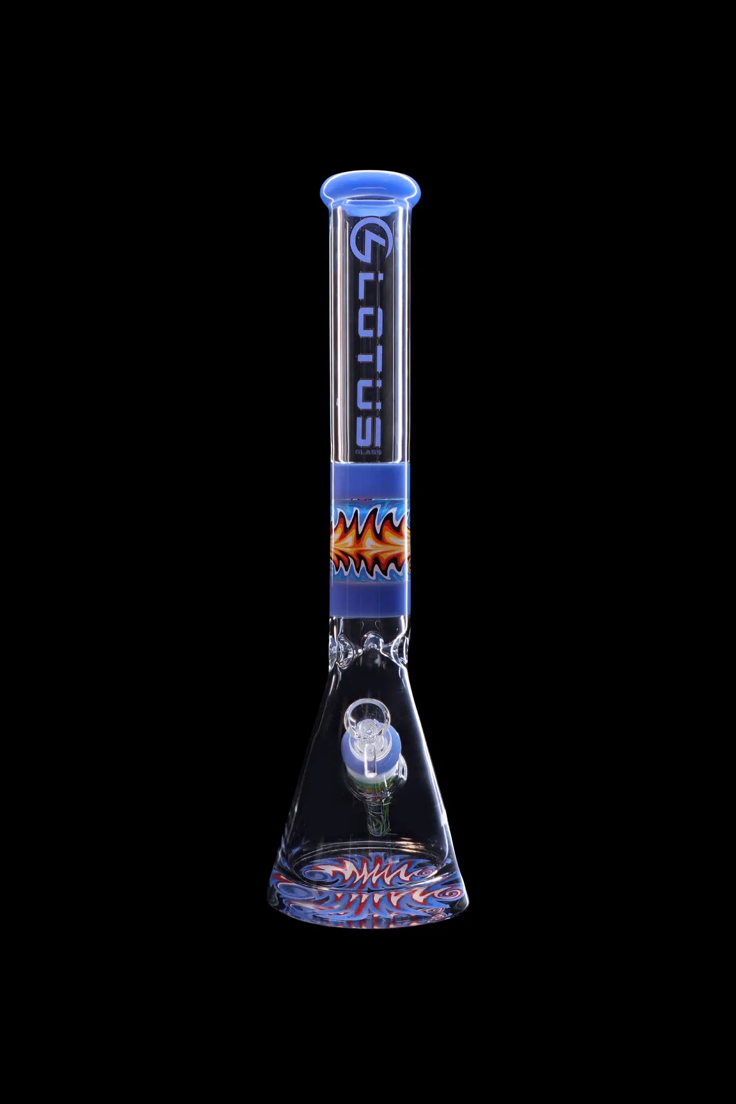 Blue and orange glass bong with flame design against a black background.