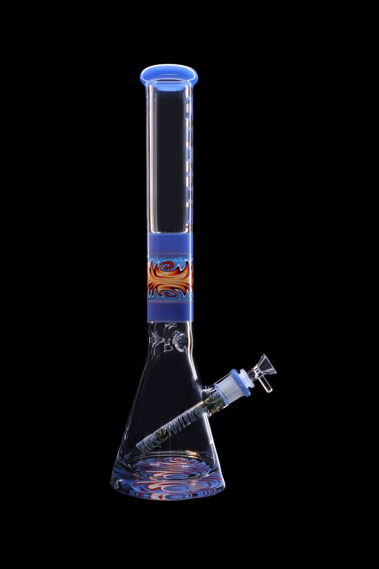 A glass bong with blue accents and colorful swirling patterns, featuring a glass bowl attachment.