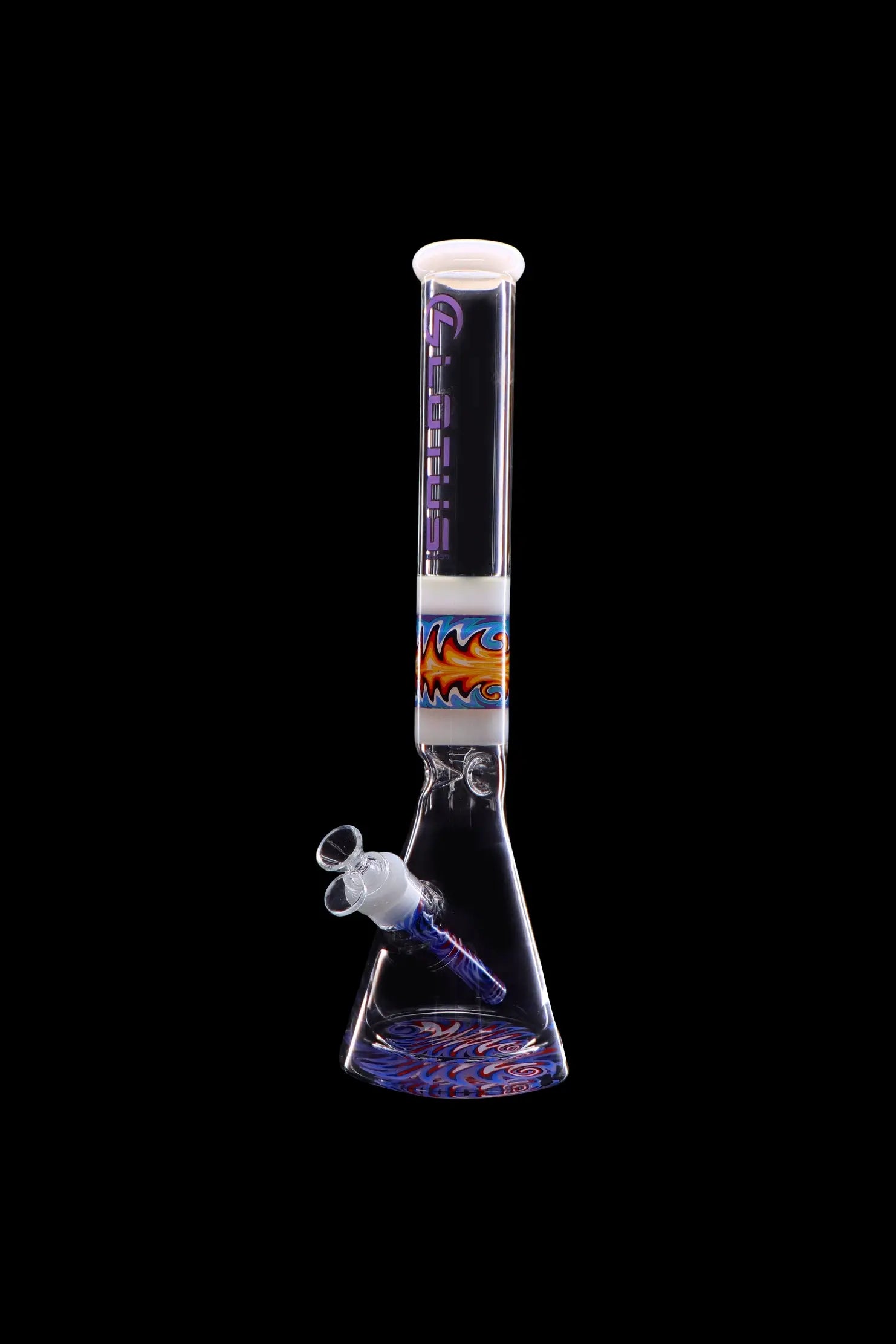 Glass bong with blue and purple swirling patterns against a black background.
