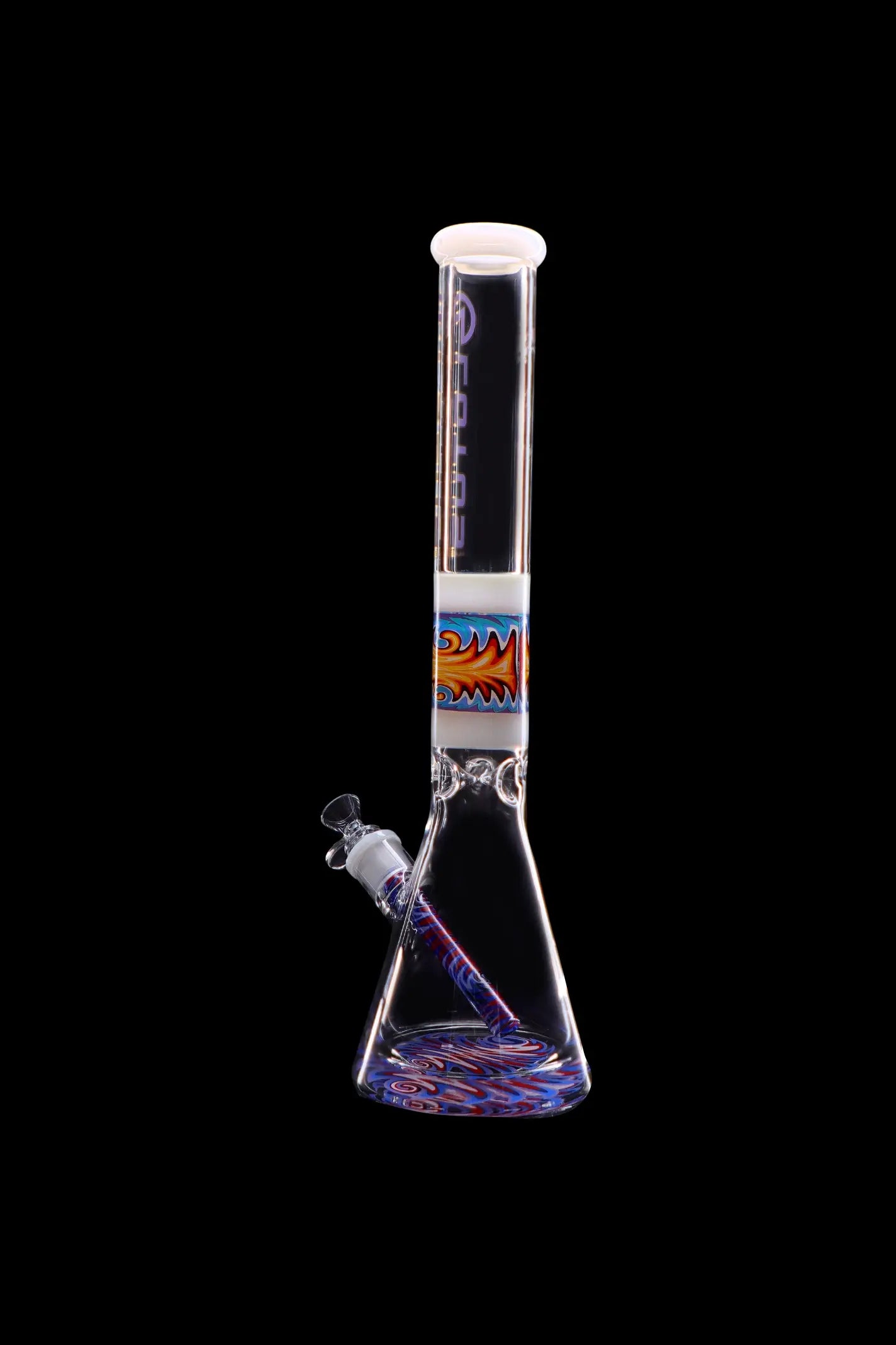 Glass water pipe (bong) with colorful swirling patterns and a glass bowl, isolated on a black background.