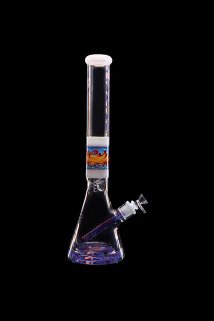 Glass bong with colorful swirling patterns against a black background.