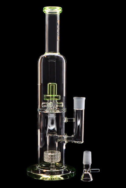Clear glass water pipe (bong) with green accents and a diffuser downstem, displayed with a separate glass bowl piece.