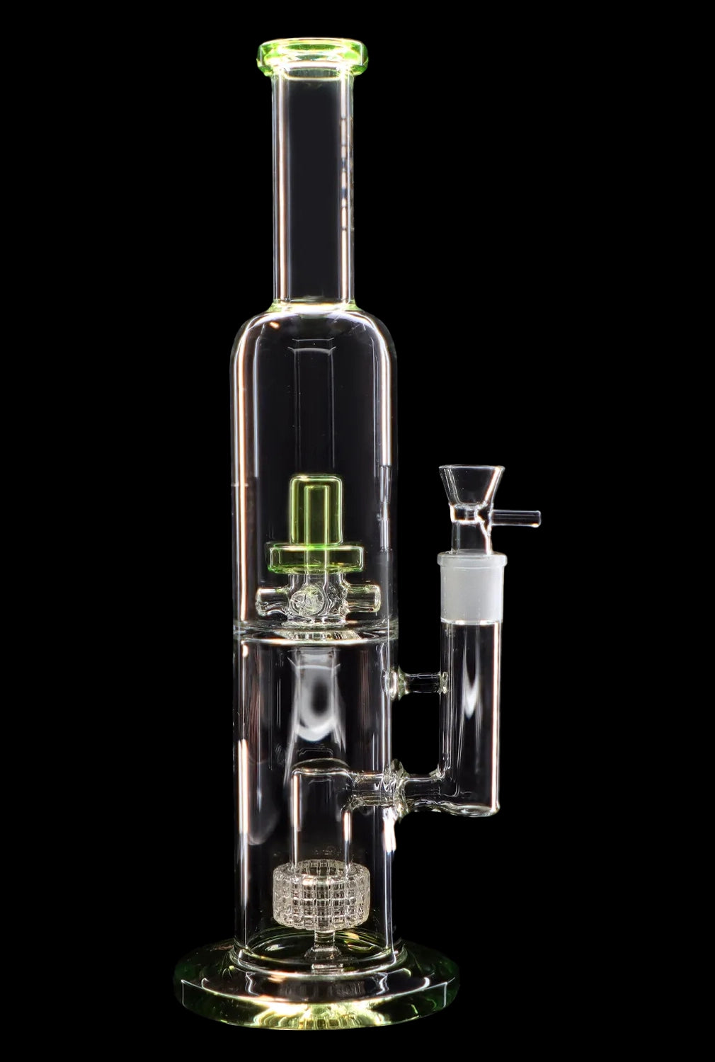 Clear glass water pipe (bong) with percolators, isolated on black.