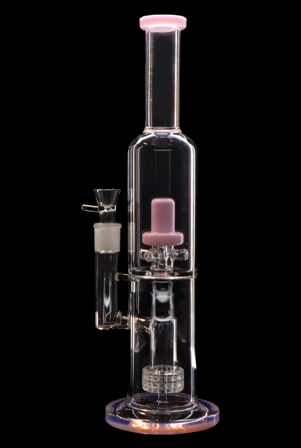 Glass bubbler with pink accents, featuring a honeycomb percolator and bowl.