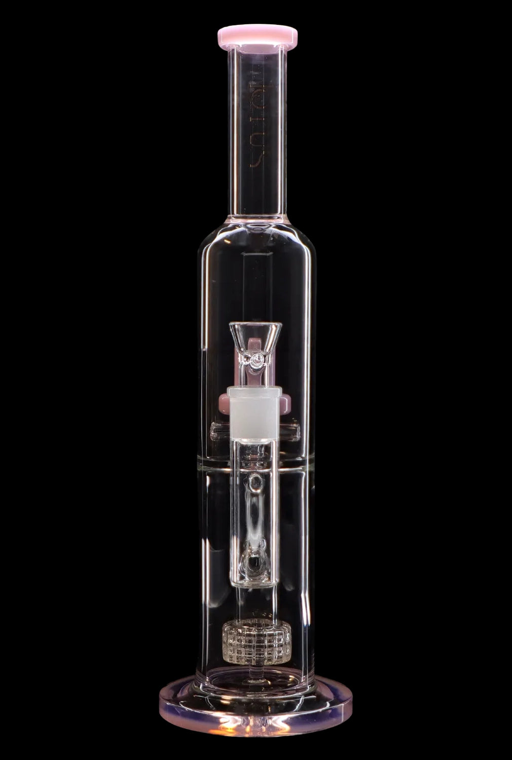 Clear glass water pipe (rig) with intricate percolators and a pink accent, isolated on a black background.