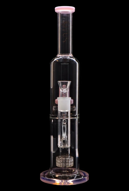 Clear glass water pipe (rig) with intricate percolators and a pink accent, isolated on a black background.