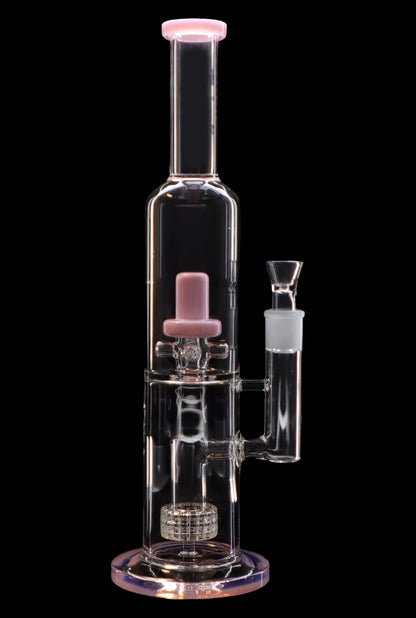 Clear glass bubbler with pink accents and intricate perc filtration system.