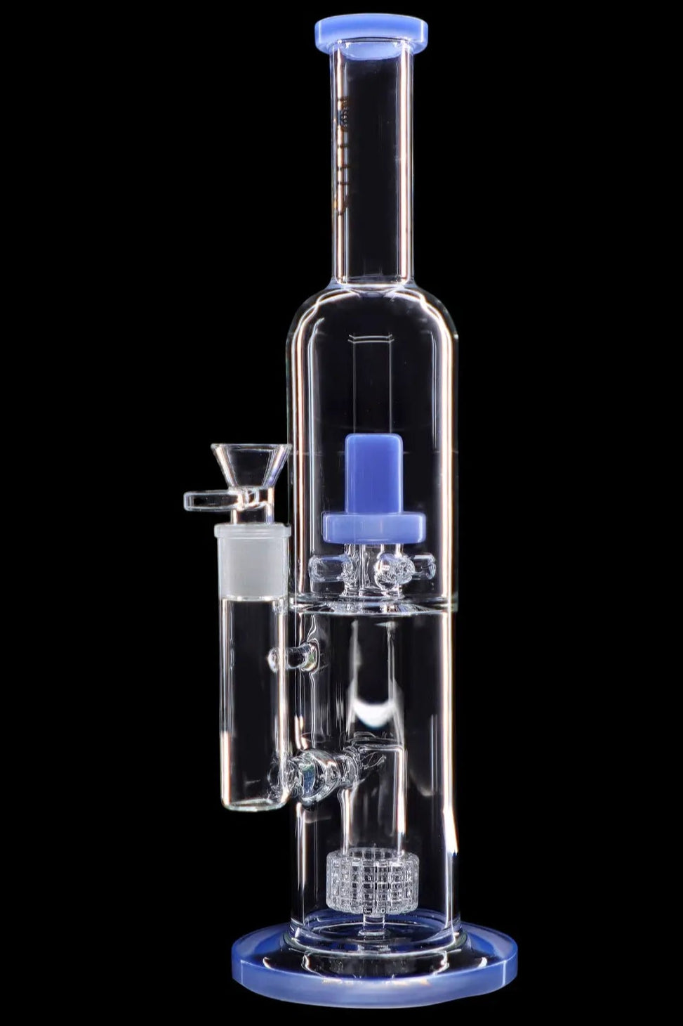 Clear glass water pipe (bong) with blue accents, featuring a percolator and bowl.