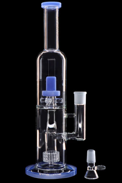 Blue and clear glass water pipe (bong) with intricate percolators, displayed with a separate bowl piece.