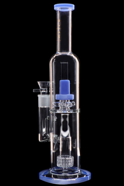Blue and clear glass water pipe (bong) with intricate perc diffusion.