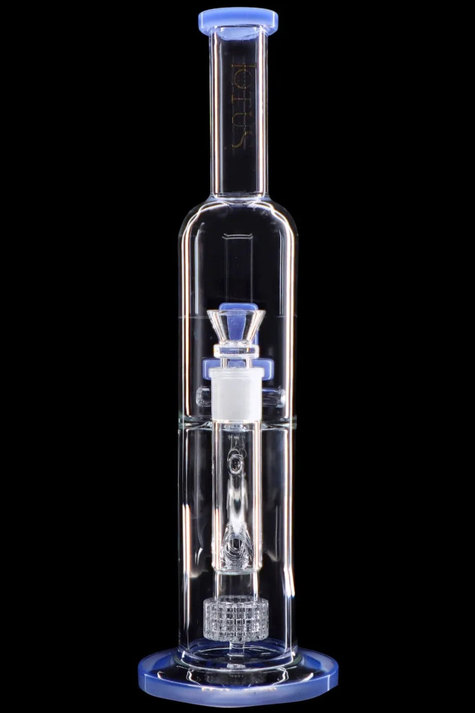 Blue glass water pipe (rig) with percolators, used for dabbing cannabis concentrates.