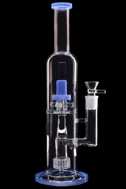 Clear glass water pipe (bong) with blue accents and percolator.