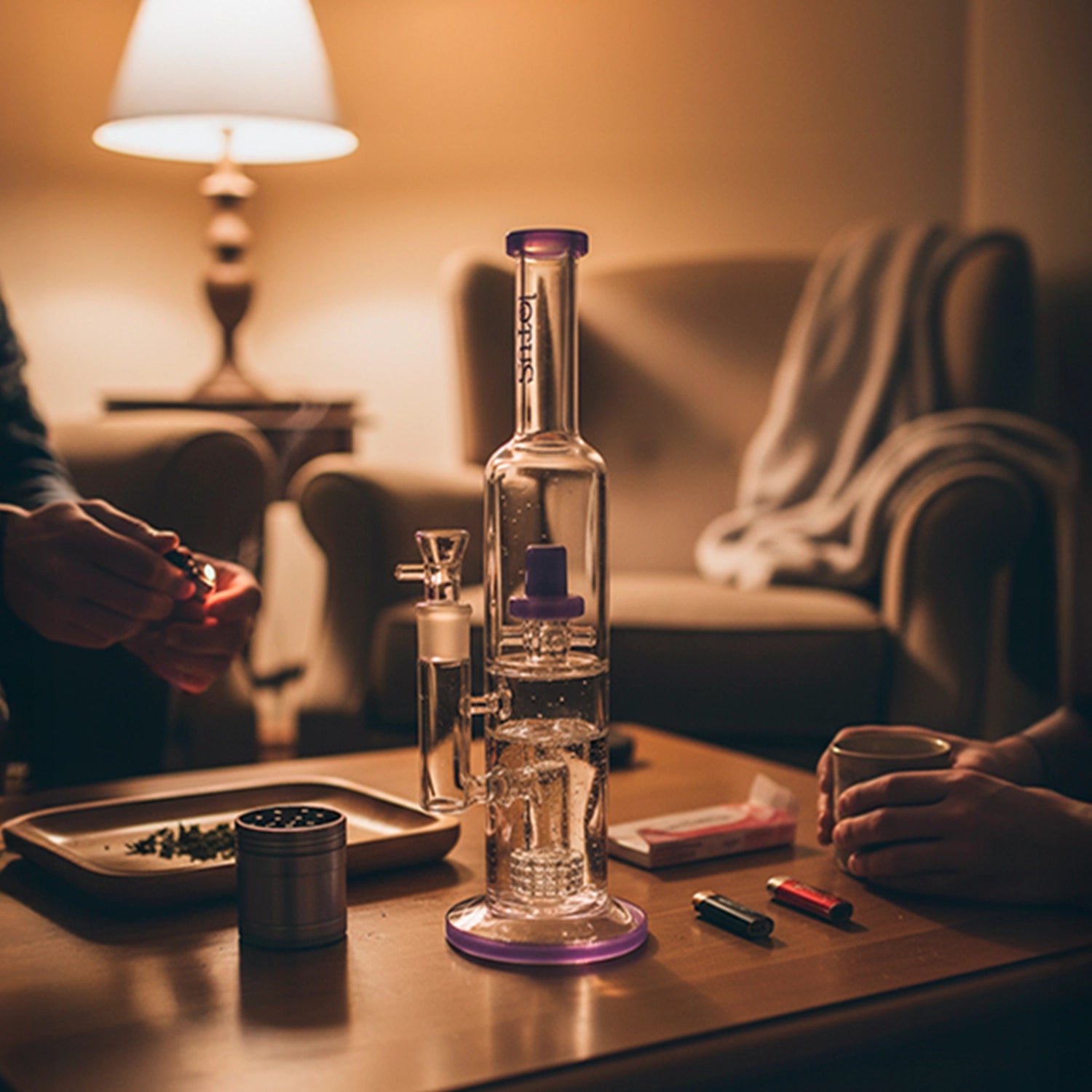 Centered front view of the Smoke Cartel Dual Perc with Color Accents Bong - 15 in., lit by a warm lamp with purple accents and a blurred living-room background