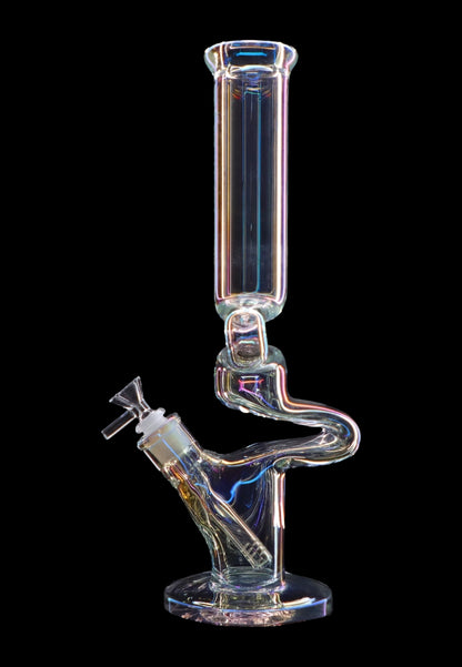 A tall, intricately shaped glass water pipe (bong) with colorful iridescent reflections, isolated on a black background.