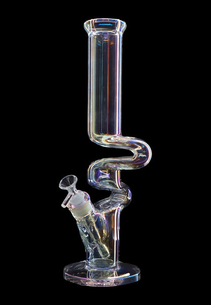 Iridescent glass water pipe with intricate curves and a sculpted base, isolated on black.