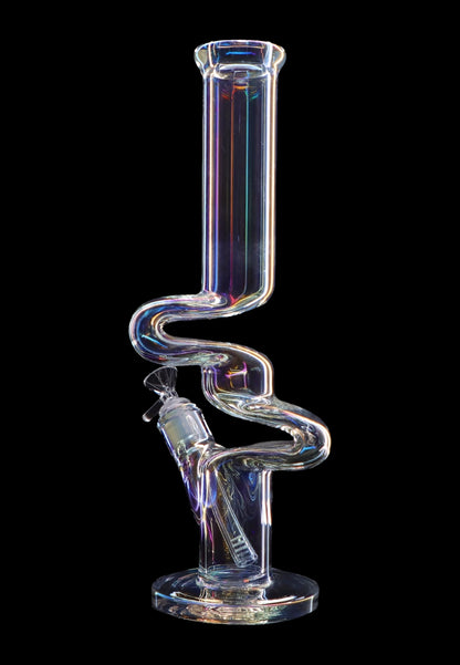 Iridescent glass water pipe (bong) against a black background.