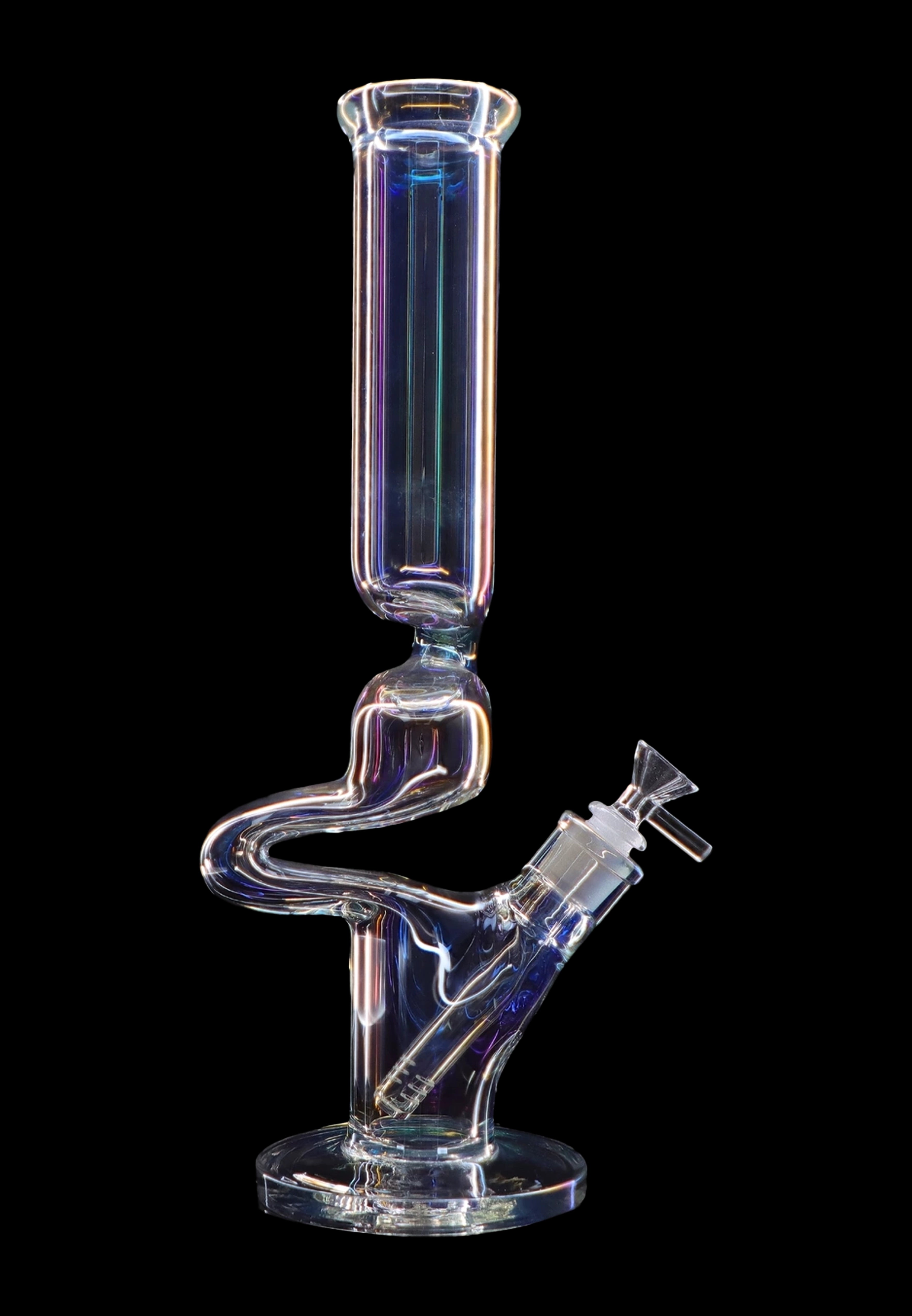 Clear glass water pipe (bong) with iridescent sheen, isolated on black.
