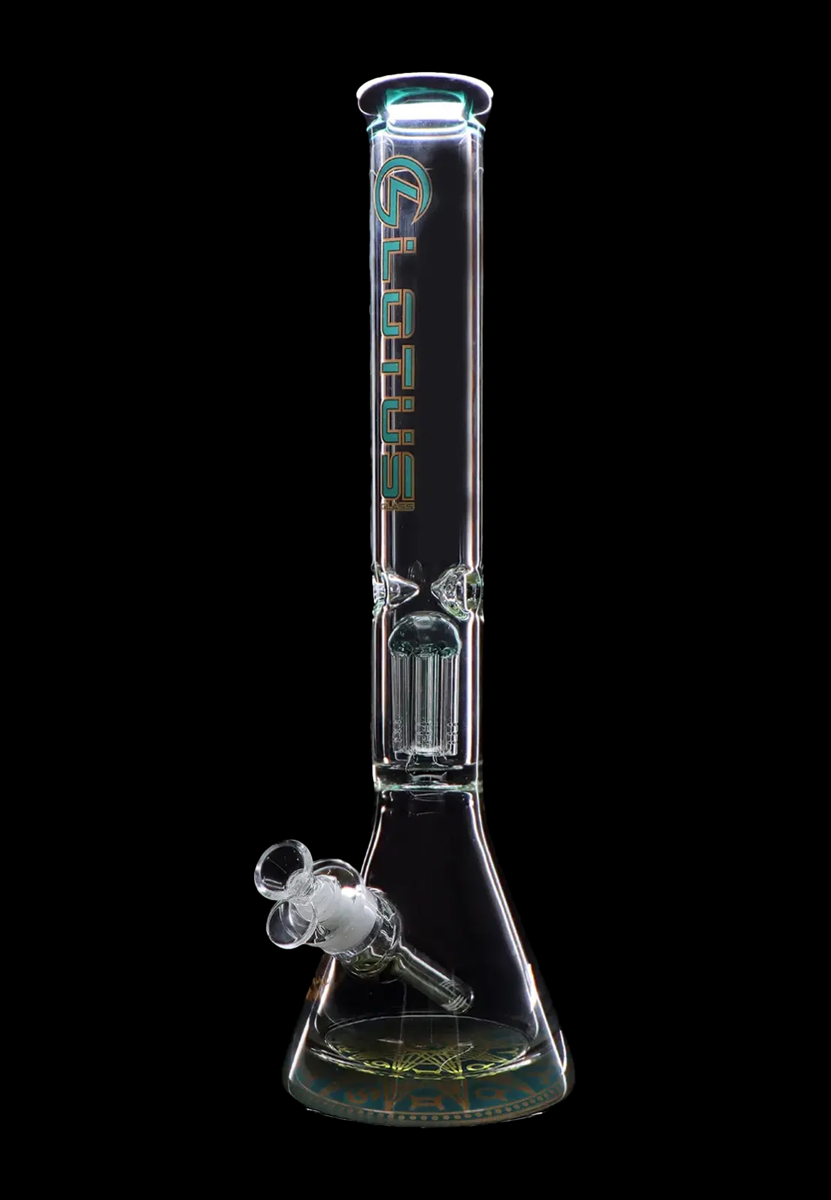 Glass water pipe (bong) with ice catcher and visible diffusion chambers, against a black background.