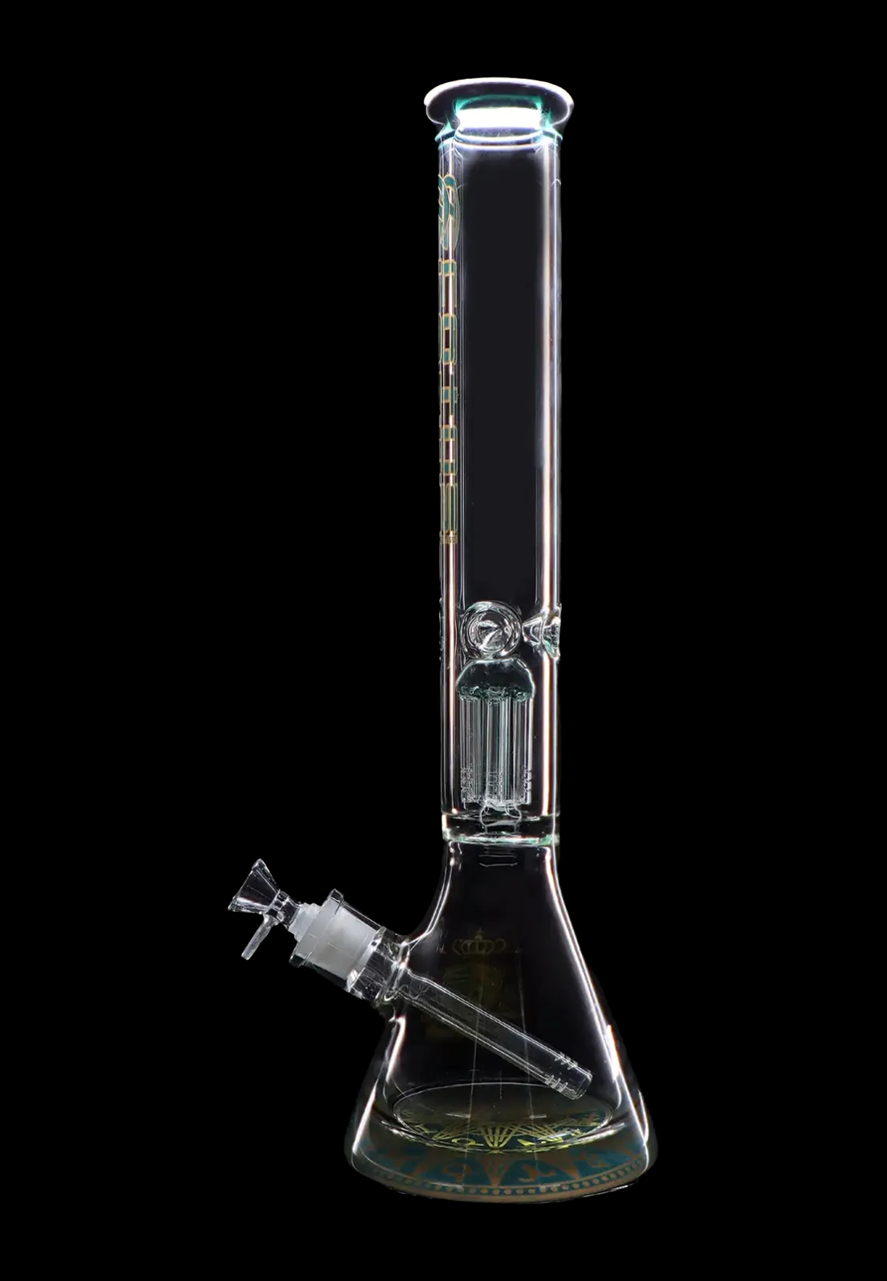 Clear glass bong with intricate percolators and gold detailing, isolated on a black background.