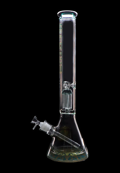 Clear glass bong with intricate percolators and gold detailing, isolated on a black background.