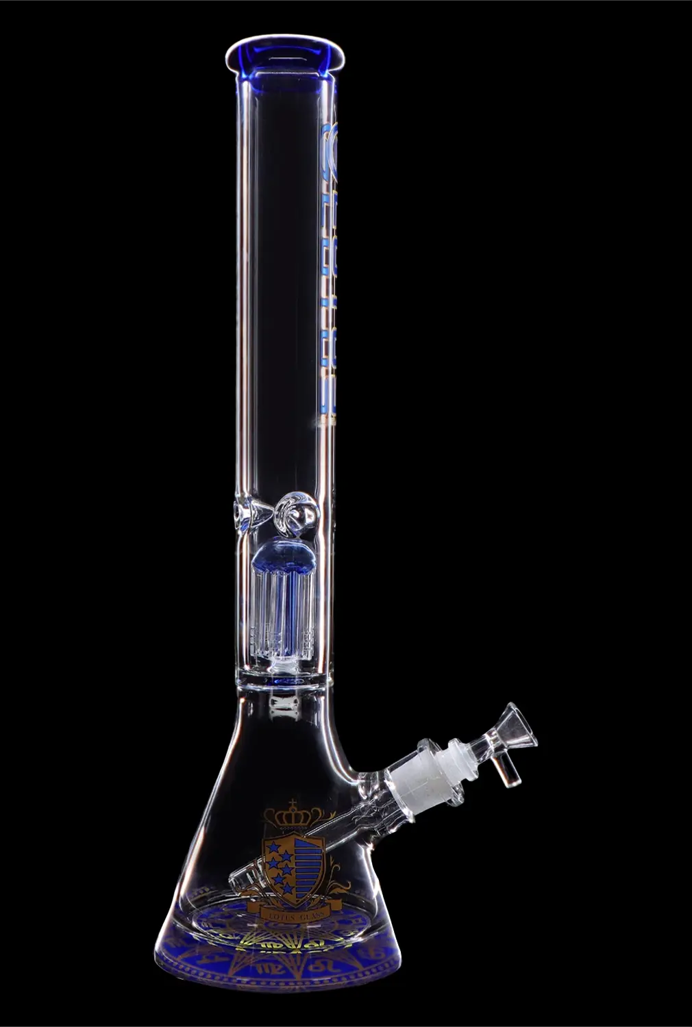 Tall glass bong with blue accents and intricate designs, featuring a removable downstem.