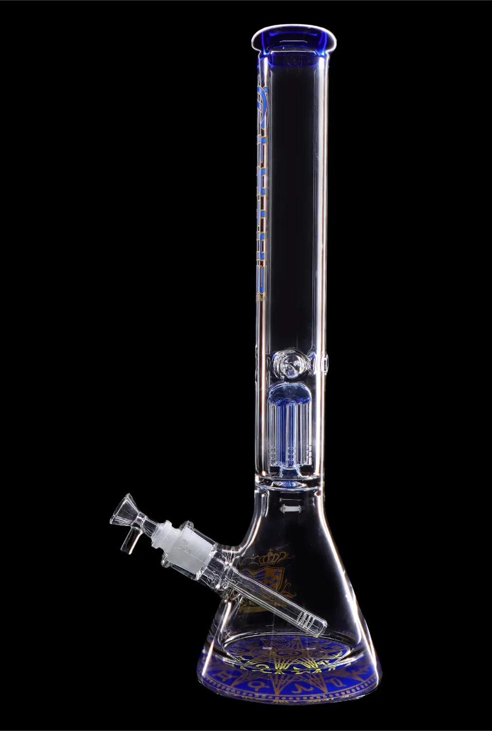 Glass water pipe (bong) with blue accents and intricate design, isolated on a black background.