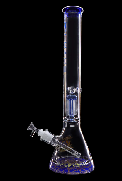 Glass water pipe (bong) with blue accents and intricate design, isolated on a black background.