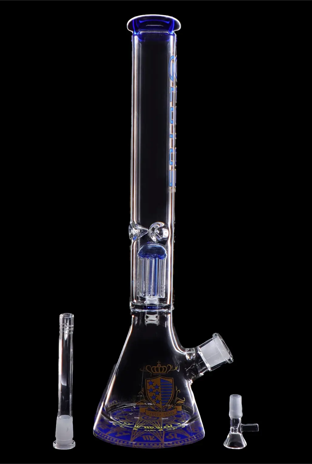 Glass bong with intricate blue and gold detailing, accompanied by separate glass pieces.