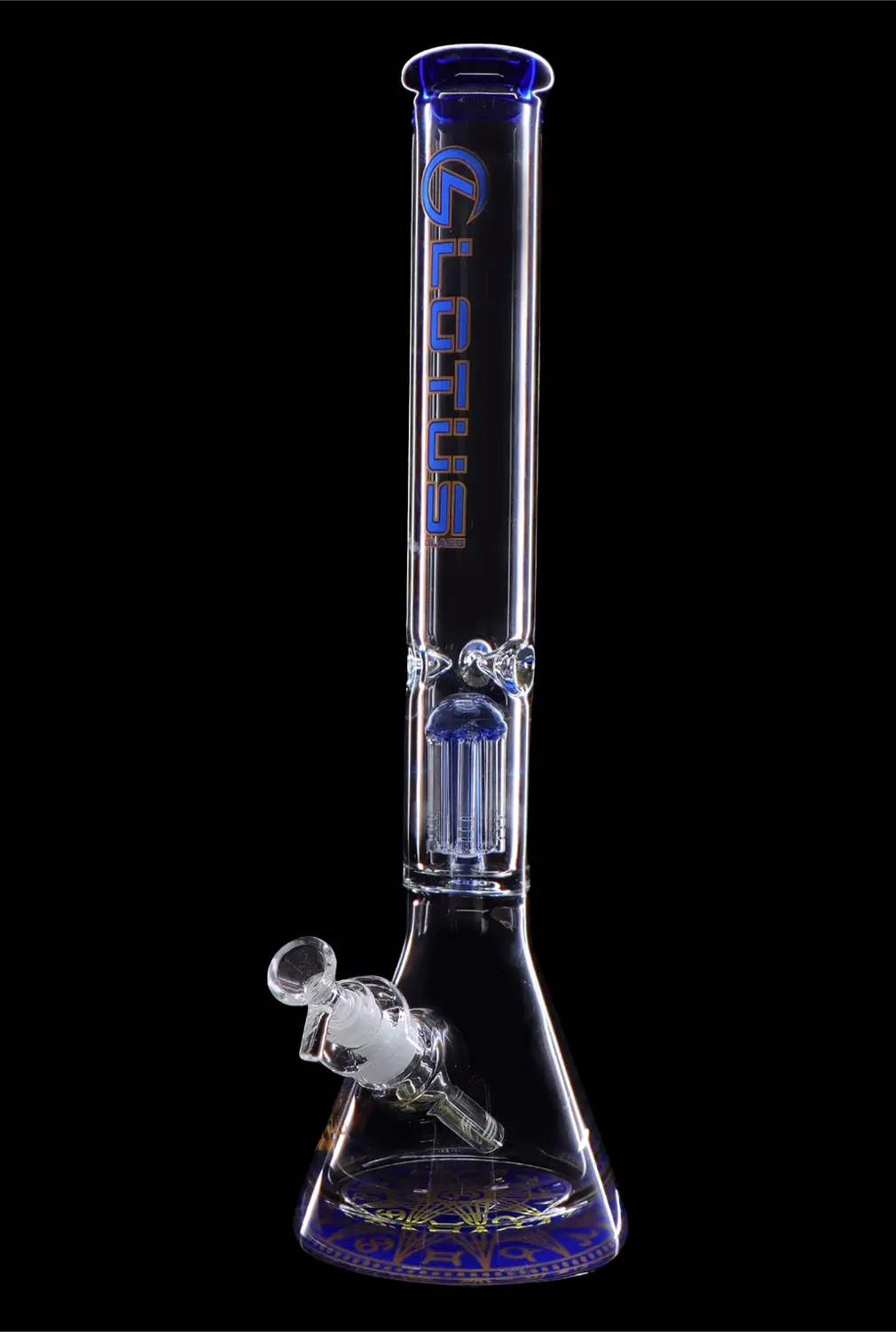 Blue glass bong with intricate detailing and a removable bowl, isolated on a black background.