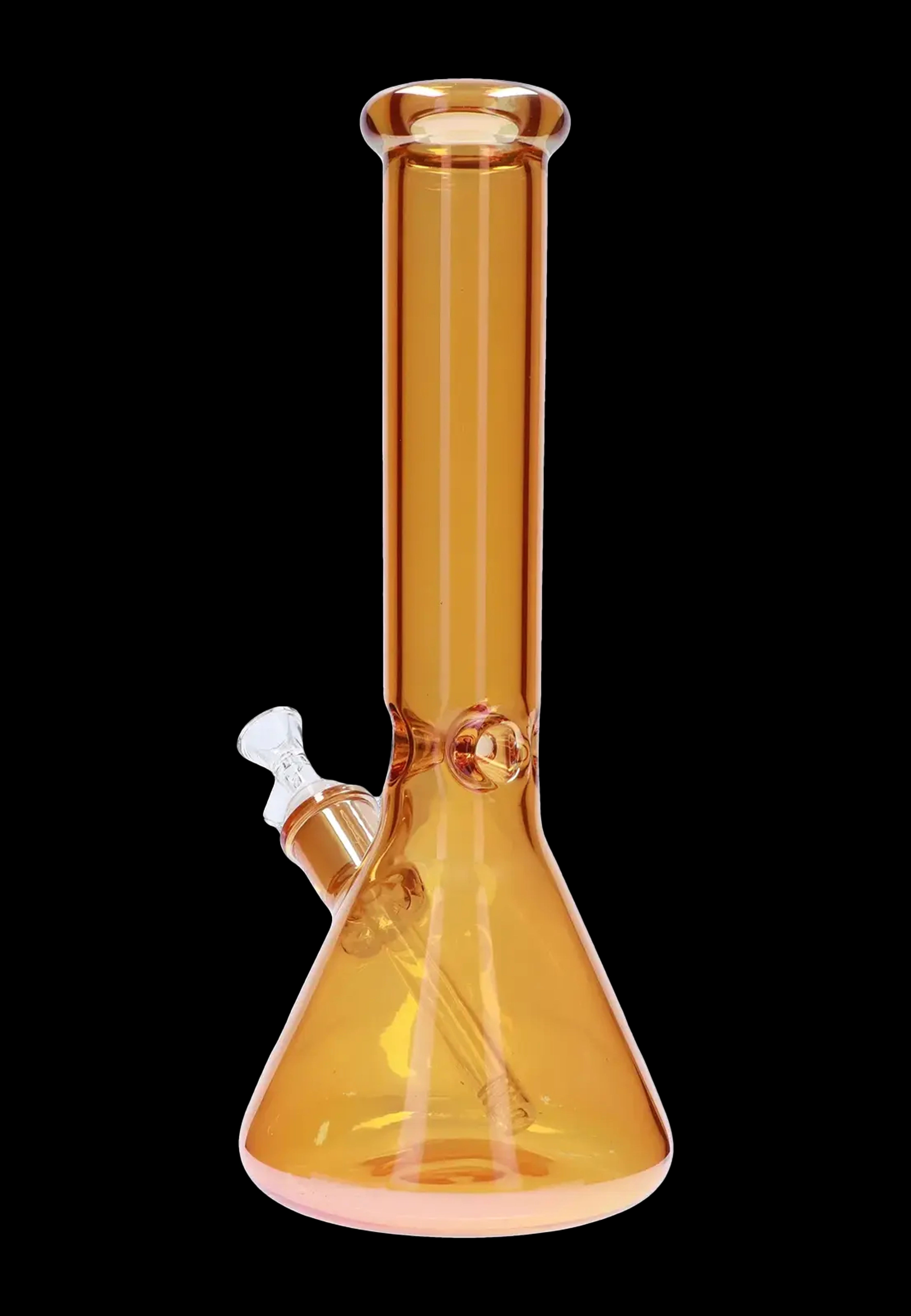 Orange glass bong with a flared base and ice catcher.