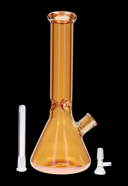 Amber glass bong with removable downstem and bowl, displayed against a black background.