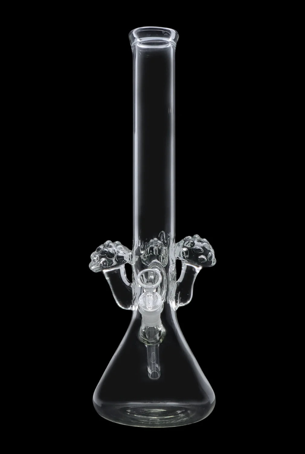 Clear glass bong with intricate percolator design against a black background.