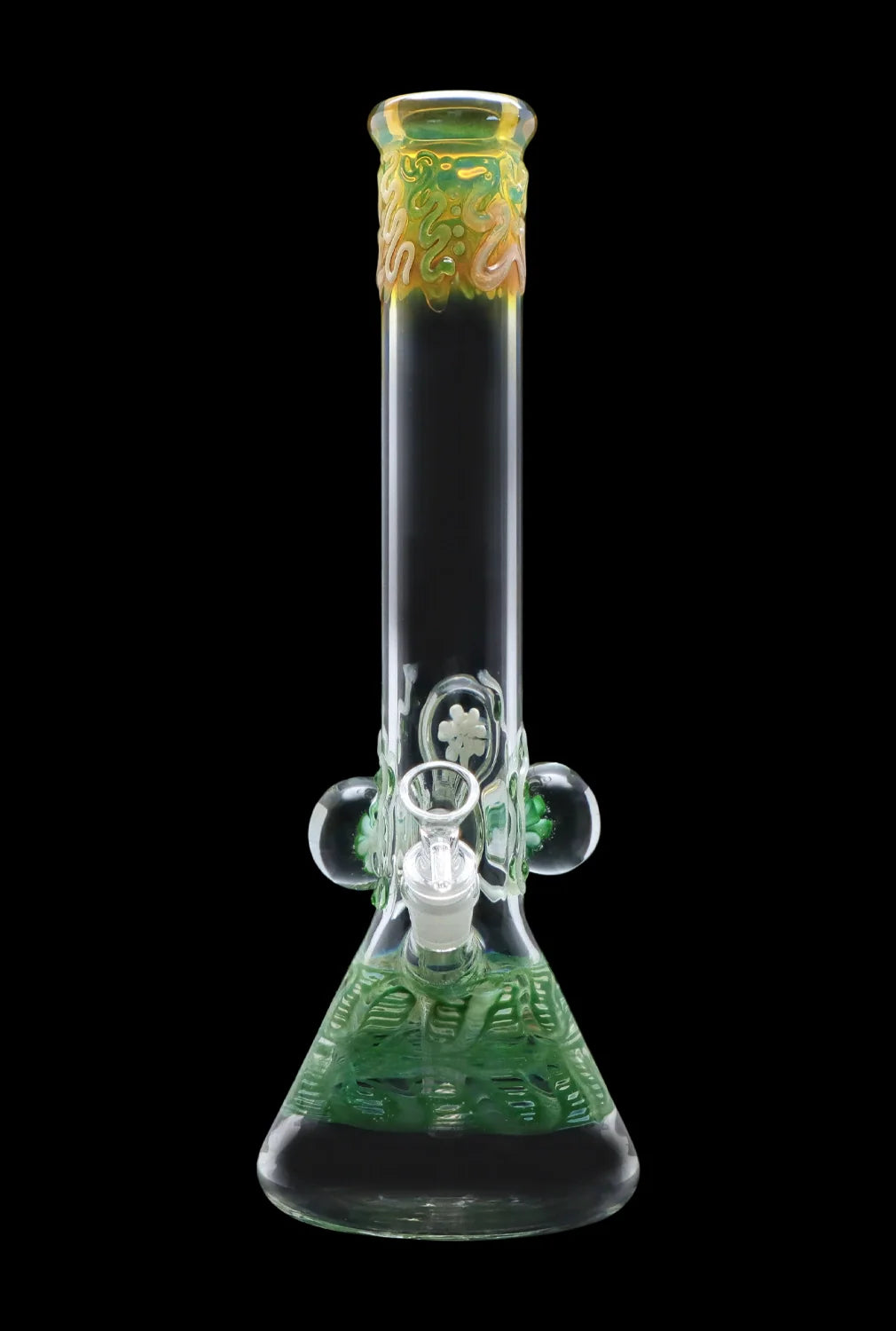 Front view of the Smoke Cartel Mushroom Marble Water Pipe - 18 in. showing a clear glass beaker base with green marbled interior, decorative mushroom marbles, and a yellow-green flared mouthpiece against a black background
