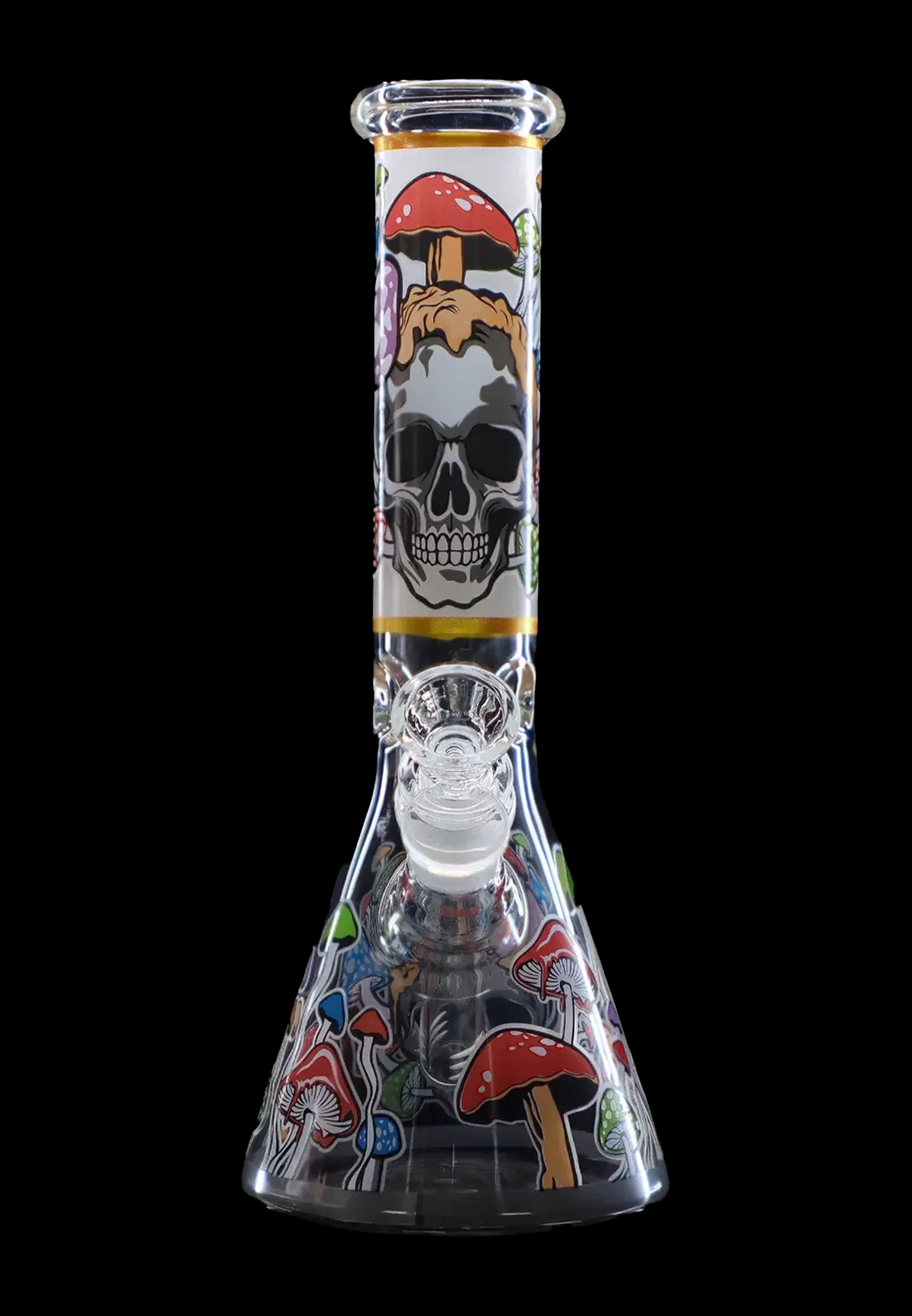 Front view of the Mushroom Design 10" Water Pipe, a clear glass pipe featuring a vibrant mushroom design.