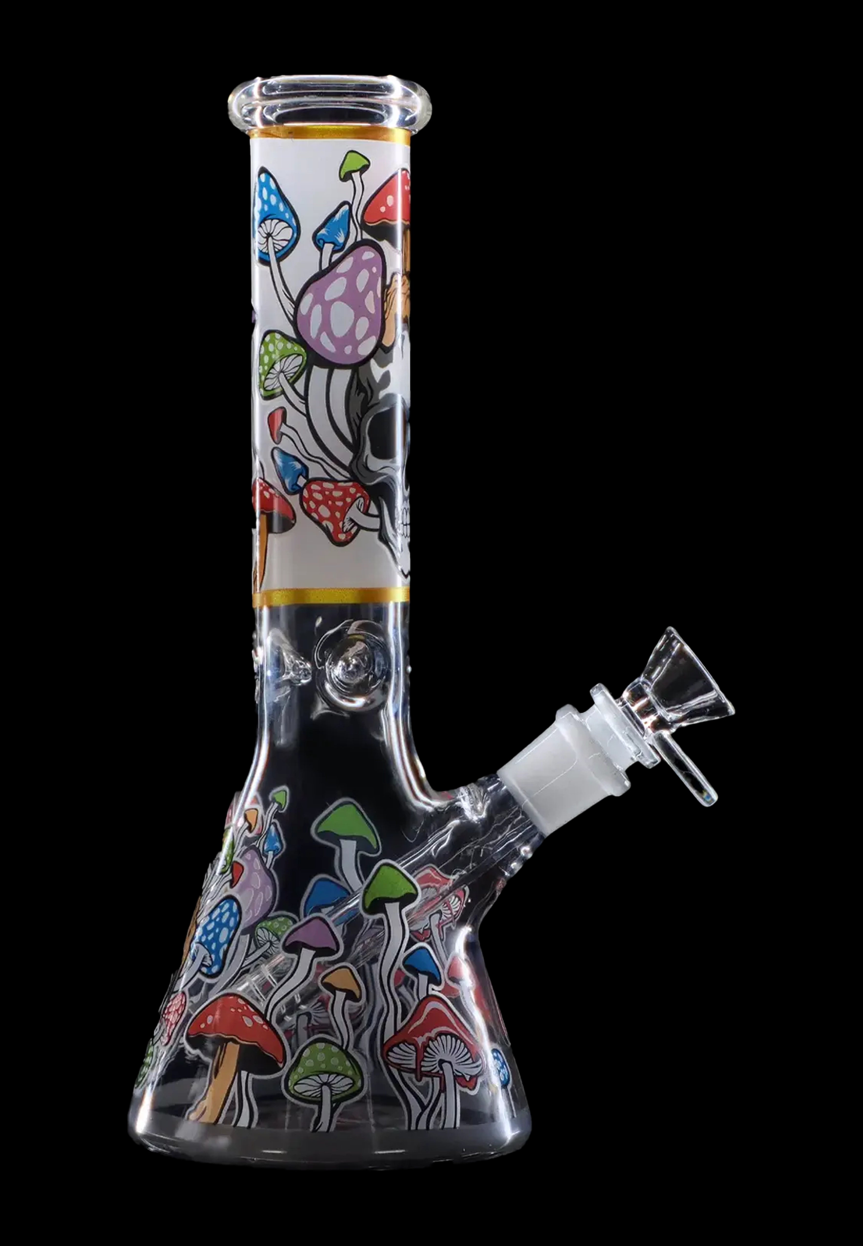 Glass bong decorated with colorful mushroom illustrations.