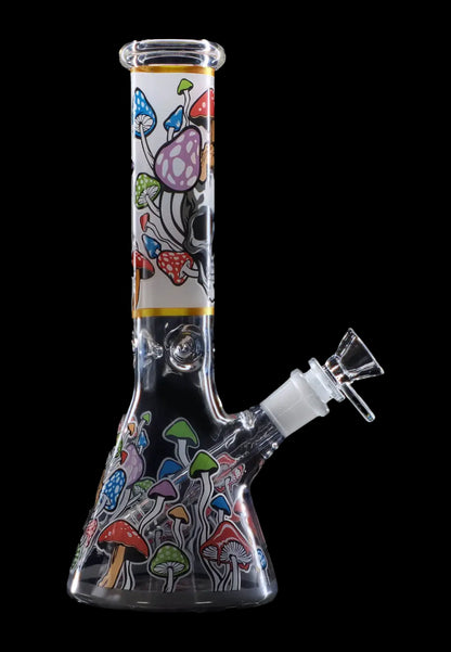 Glass bong decorated with colorful mushroom illustrations.