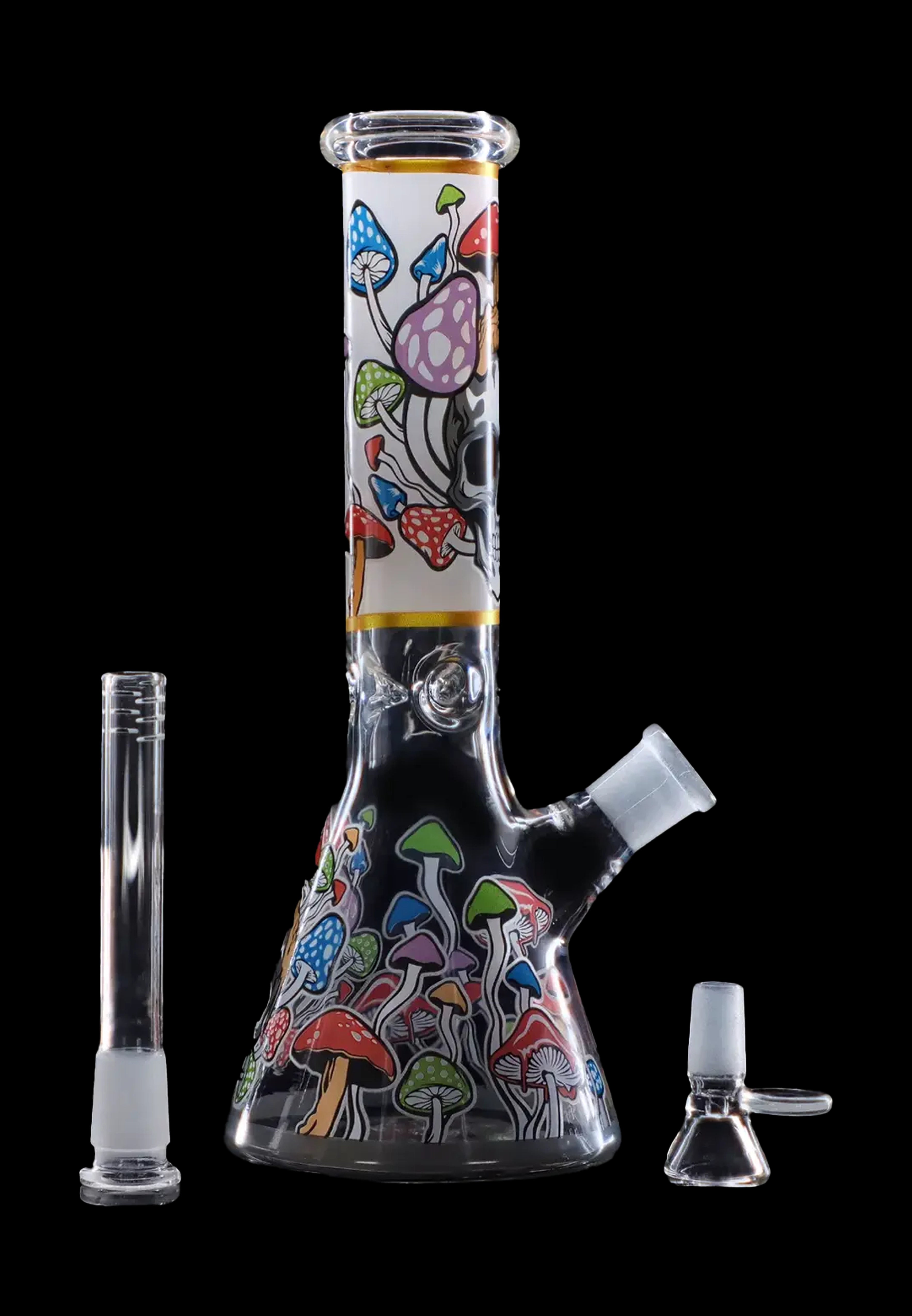 Front view of the Mushroom Design 10" Water Pipe, featuring a clear glass body with a colorful mushroom pattern design.
