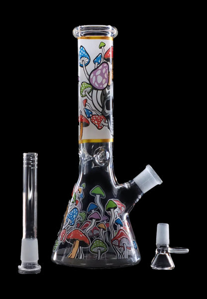 Front view of the Mushroom Design 10" Water Pipe, featuring a clear glass body with a colorful mushroom pattern design.