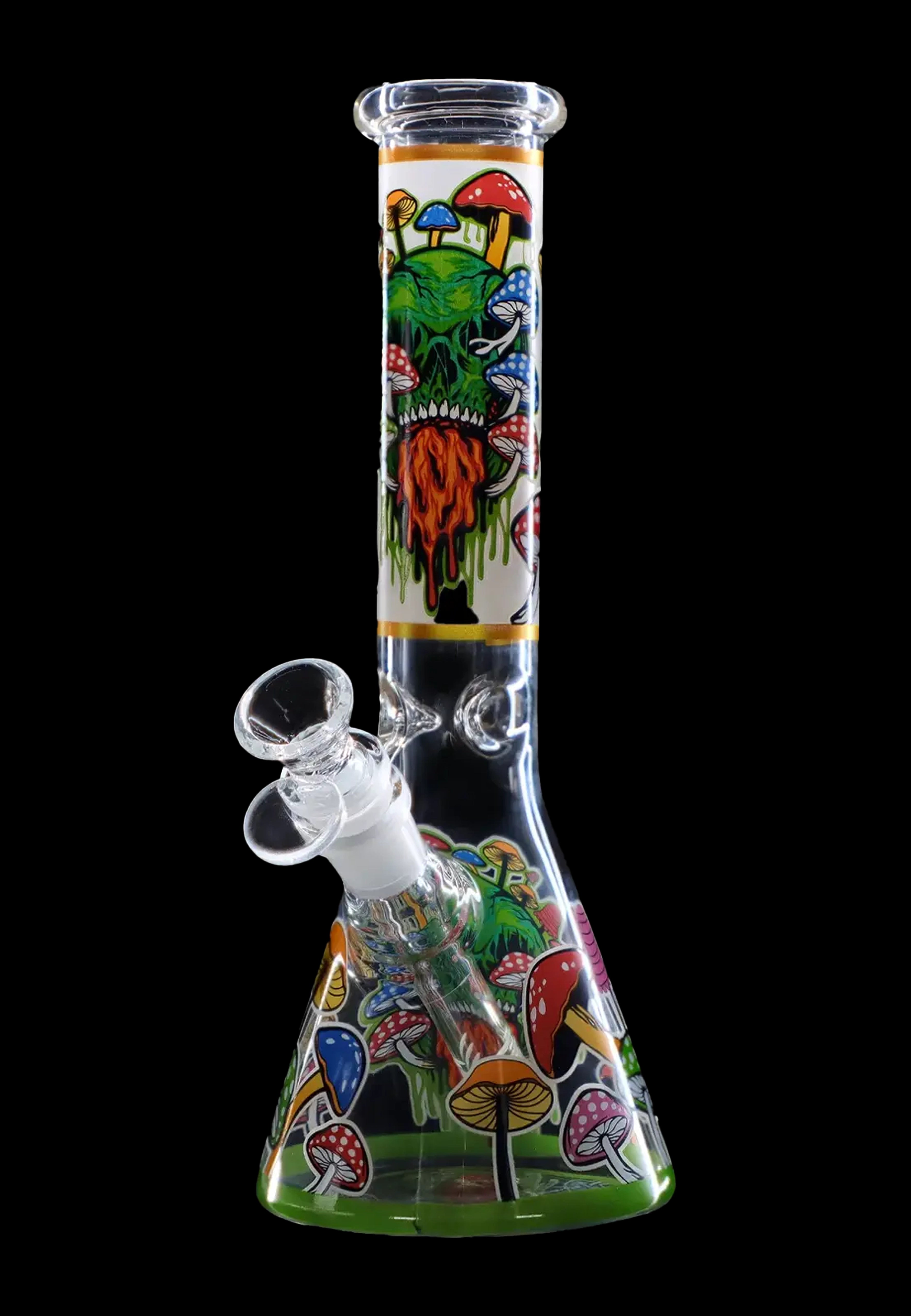 Colorful glass bong decorated with psychedelic mushroom designs.