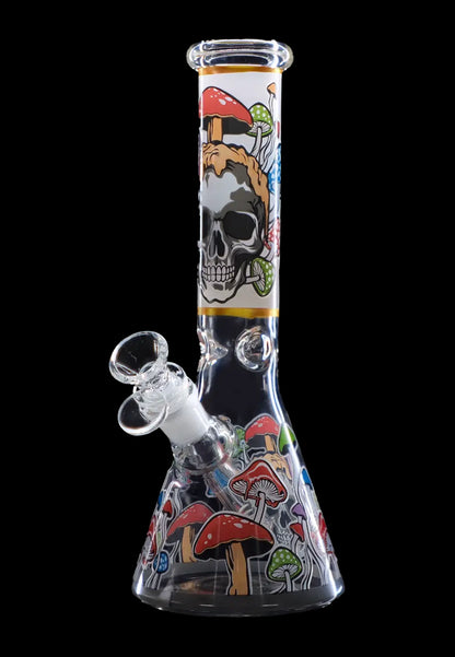 Glass bong decorated with colorful mushroom and skull designs.